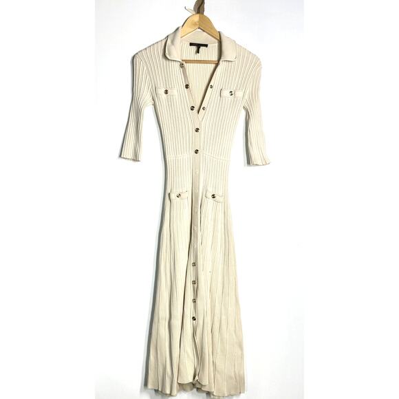 Maje Sequin Knit Midi Dress Ribbed Button-Front Off White 36 US 2-4 - Picture 3 of 11